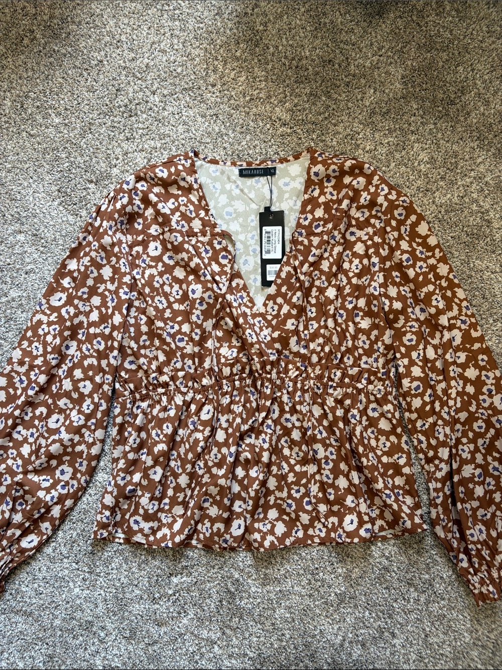 Milkarose Brown Floral V-Neck Peplum Blouse